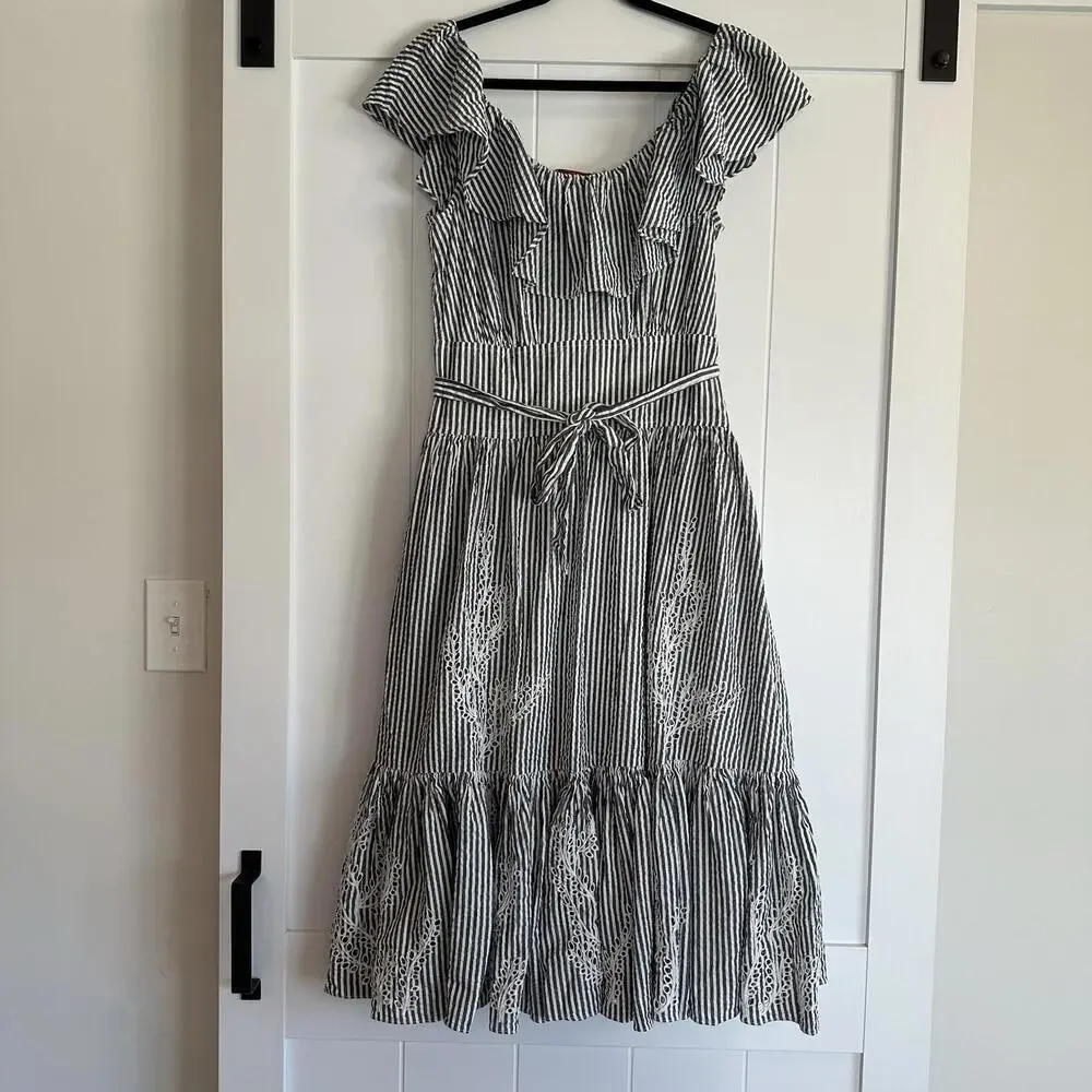 TORY BURCH Eyelet Seersucker Midi Dress Size 10 - Picture 2 of 9